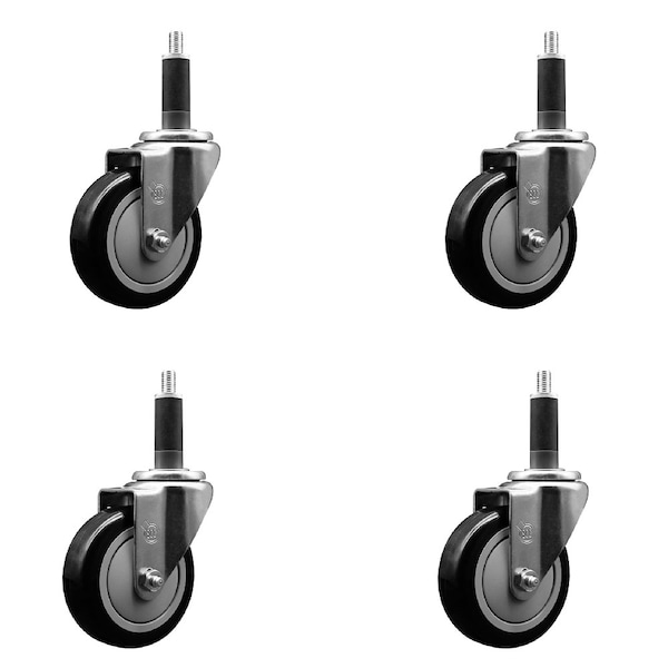 4'' SS Black Poly Wheel Swivel 1'' Expanding Stem Caster Set, 4PK